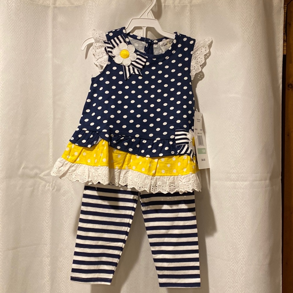 Navy blue polkadot and striped Rare Editions outfit with top and leggings